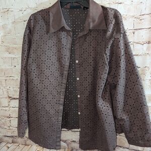 ♥️Avenue Women’s Plus Size 14/16 Brown Semi Sheer Laser Cut Shirt Button Front